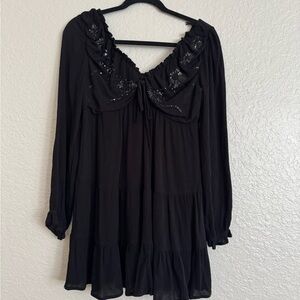 Elegant Black babydoll long sleeve dress with sequins! S
